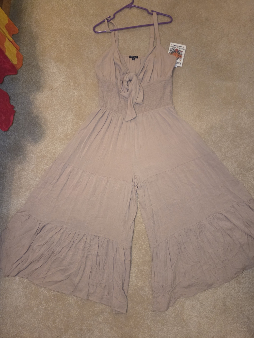 Forever 21 Beige Tie-Front Wide-Leg Jumpsuit